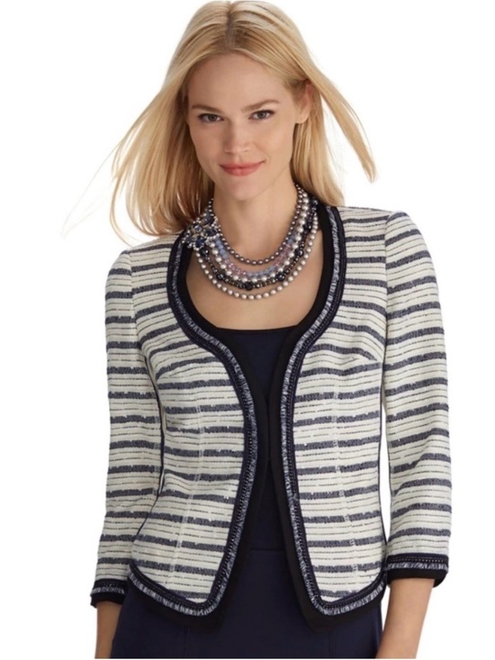 White House Black Market Jackets & Blazers - White House Black Market Navy and White Striped Tweed Open-Front Jacket